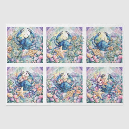 Coastal Beach Floral Blue Crab & Shells Decoupage  薄葉紙 (正面)