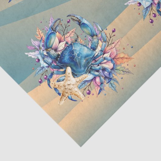 Coastal Beach Floral Blue Crab & Shells Decoupage 薄葉紙 (詳細)