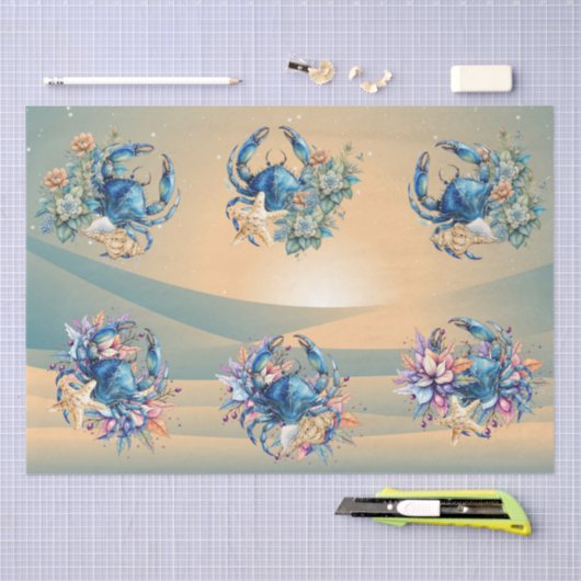 Coastal Beach Floral Blue Crab & Shells Decoupage 薄葉紙 (クラフト)