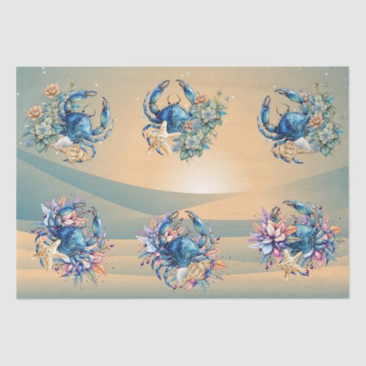 Coastal Beach Floral Blue Crab & Shells Decoupage  薄葉紙 (正面)