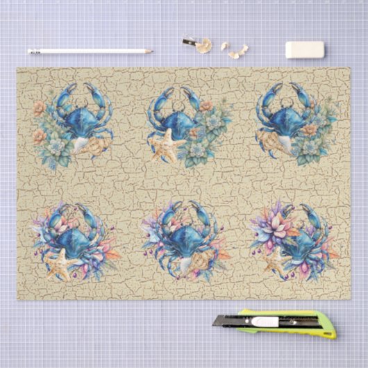 Coastal Beach Floral Blue Crab & Shells Decoupage  薄葉紙 (クラフト)