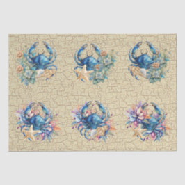 Coastal Beach Floral Blue Crab & Shells Decoupage  薄葉紙
