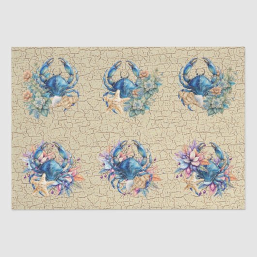 Coastal Beach Floral Blue Crab & Shells Decoupage  薄葉紙 (正面)