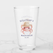 Coastal Beach House Pink Crab Blue Family Name タンブラーグラス (正面)