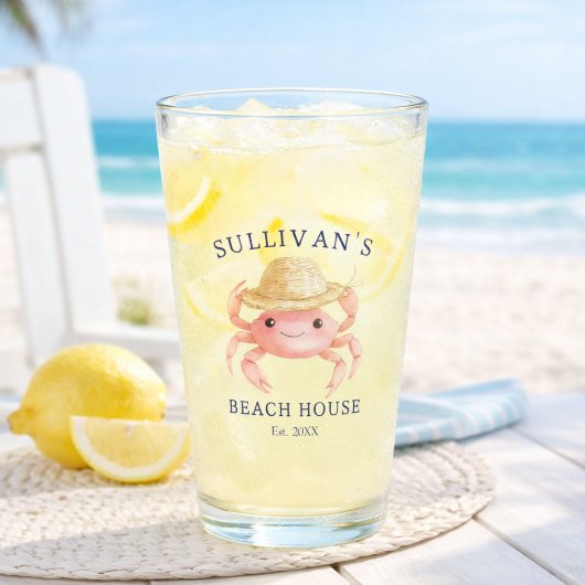 Coastal Beach House Pink Crab Blue Family Name タンブラーグラス