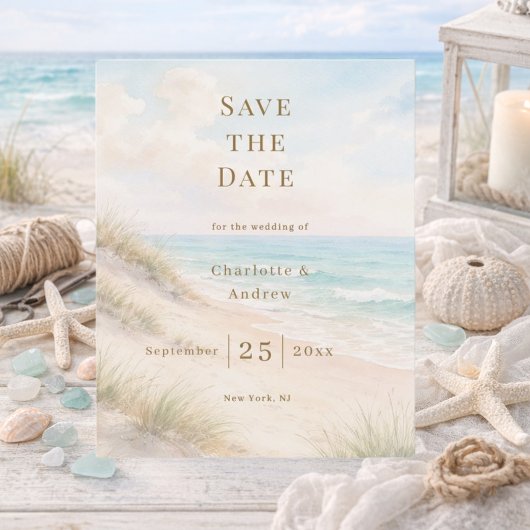 Coastal beach modern budget wedding Save the Date チラシ