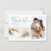 Coastal Beach Modern Watercolor Photo Wedding サンキューカード (正面)