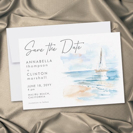 Coastal Beach Modern Watercolor Wedding セーブザデート