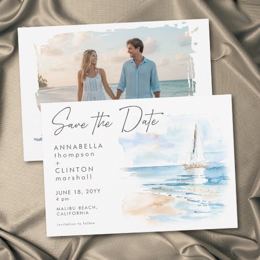 Coastal Beach Modern Watercolor Wedding Photo セーブザデート