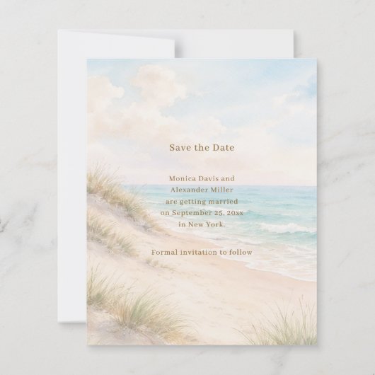 Coastal beach modern wedding Save the Date card (裏面)