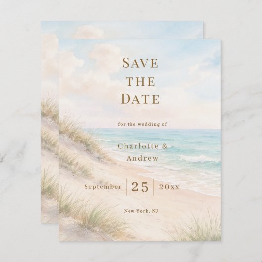 Coastal beach modern wedding Save the Date card (正面/裏面)
