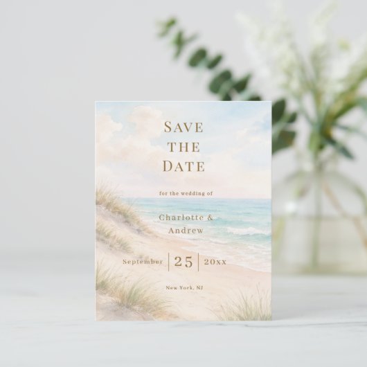 Coastal beach modern wedding Save the Date card (スタンド正面)