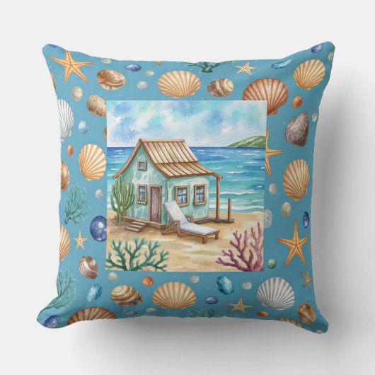 Coastal Beach Mug & Pillow - Seashells Starfish Co クッション (正面)