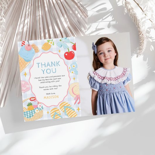 Coastal Beach Pastel Doodle Girls Birthday Photo サンキューカード