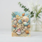 Coastal Beach Seashells Starfish Watercolor Art ポストカード (スタンド正面)