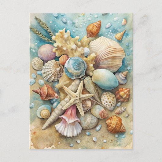 Coastal Beach Seashells Starfish Watercolor Art ポストカード (正面)