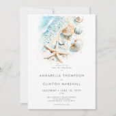 Coastal Beach Shell Modern Watercolor Wedding 招待状 (正面)