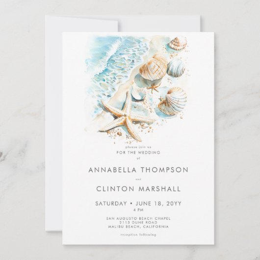 Coastal Beach Shell Modern Watercolor Wedding 招待状 (正面)