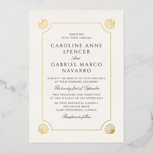 Coastal Beach Shells Wedding 箔招待状 (正面)