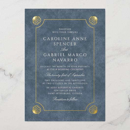 Coastal Beach Shells Wedding 箔招待状 (正面)