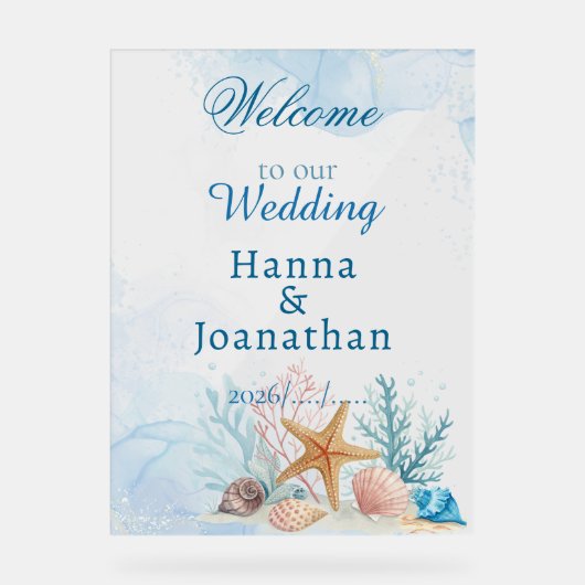 Coastal Beach Watercolor Unique Wedding Welcome アクリルサイン (正面)
