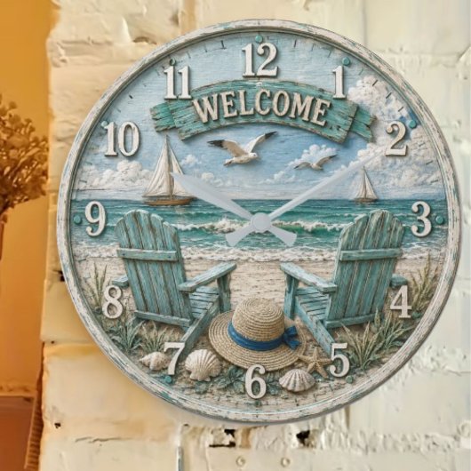 Coastal Beach Welcome Nautical Ocean Decor ラージ壁時計