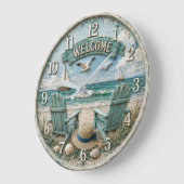 Coastal Beach Welcome Nautical Ocean Decor  ラージ壁時計 (傾斜)