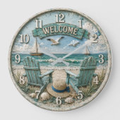 Coastal Beach Welcome Nautical Ocean Decor ラージ壁時計 (正面)