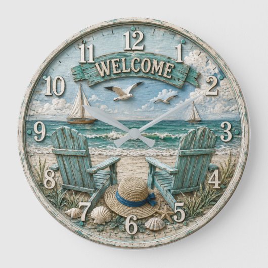 Coastal Beach Welcome Nautical Ocean Decor  ラージ壁時計 (正面)
