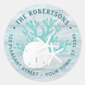 Coastal Beach Wood Aqua Round Return Address ラウンドシール (正面)
