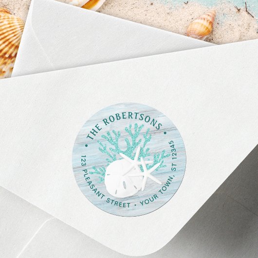 Coastal Beach Wood Aqua Round Return Address ラウンドシール