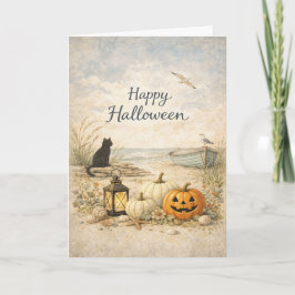 Coastal Black Cat Rowboat Halloween カード