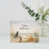 Coastal Black Cat Rowboat Halloween シーズンポストカード (スタンド正面)
