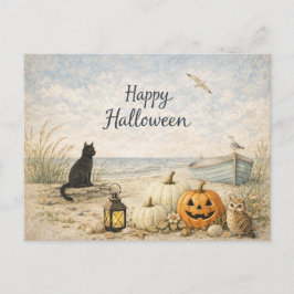 Coastal Black Cat Rowboat Halloween シーズンポストカード