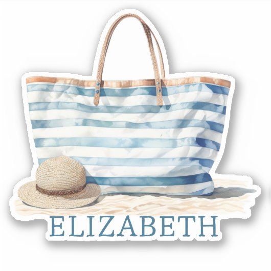 Coastal Blue and White Stripe Beach Tote シール (正面)