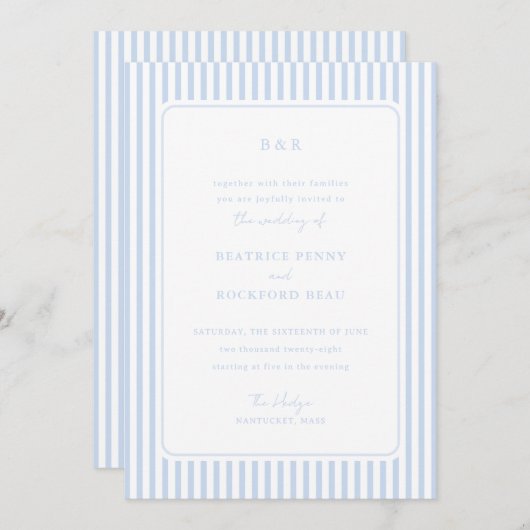 Coastal Blue Classic Stripes Minimalist Wedding 招待状 (正面/裏面)