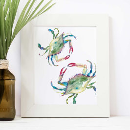 Coastal Blue Crab Beach House Watercolor ポスター