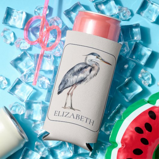 Coastal Blue Heron Bird Personalized スリム缶クーラー (インサイチュ 夏)