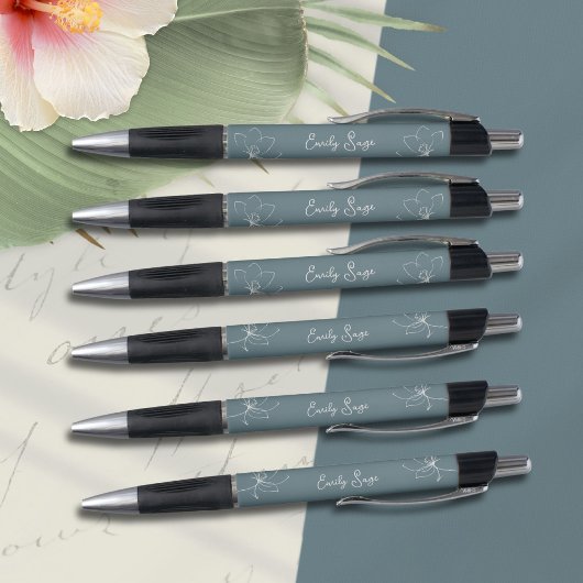 Coastal Blue Ivory Floral Line Art Minimalist Zen ボールペン