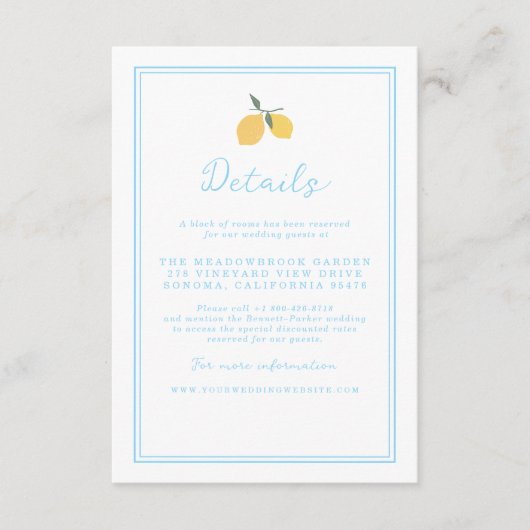 Coastal Blue Lemon Amalfi Wedding Details Card エンクロージャーカード (正面)