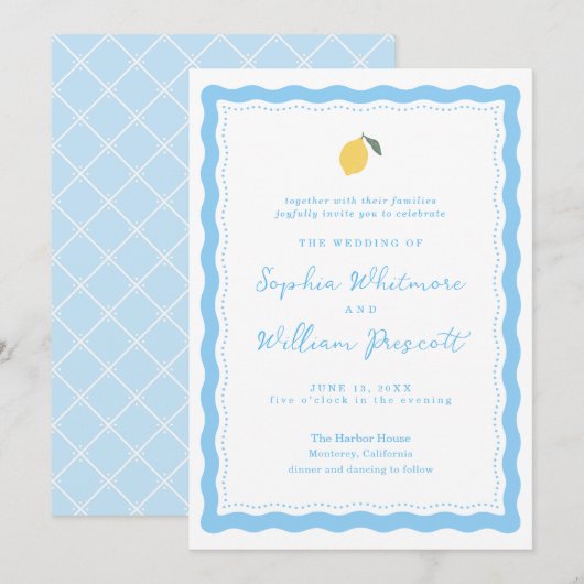 Coastal Blue Lemon Amalfi Wedding Invitation 招待状 (正面/裏面)