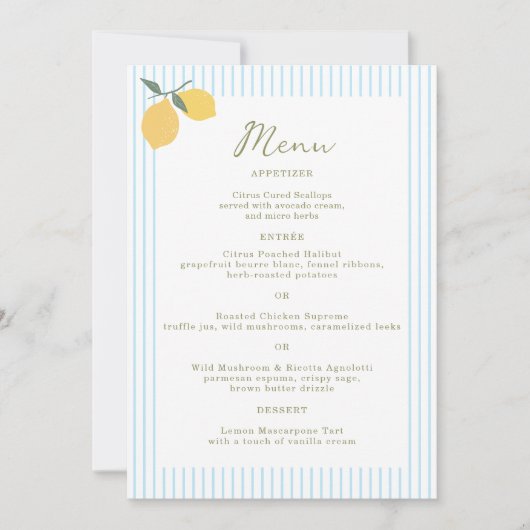 Coastal Blue Lemon Amalfi Wedding Menu Card 招待状 (正面)