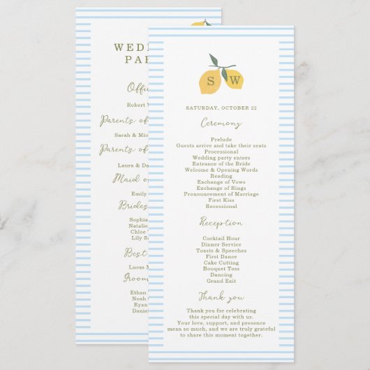 Coastal Blue Lemon Amalfi Wedding Program Card 招待状 (正面/裏面)