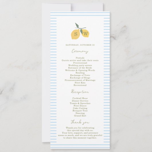 Coastal Blue Lemon Amalfi Wedding Program Card 招待状 (正面)