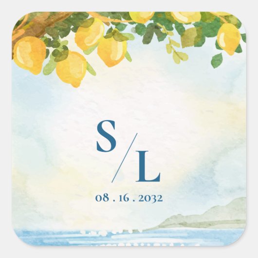 Coastal Blue & Lemon Watercolor Monogram Wedding スクエアシール (正面)