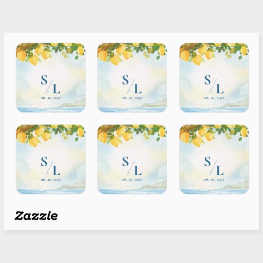 Coastal Blue & Lemon Watercolor Monogram Wedding スクエアシール (シート)