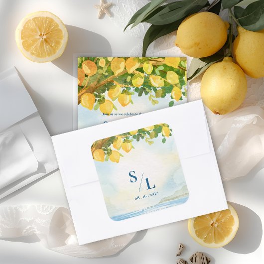 Coastal Blue & Lemon Watercolor Monogram Wedding スクエアシール