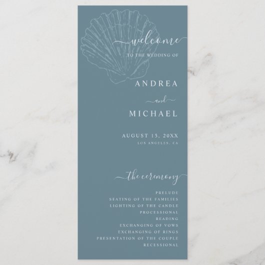 Coastal Blue Nautical Hand Drawn Seashell Wedding プログラム (正面)