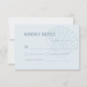 Coastal Blue Nautical Hand Drawn Seashell Wedding 出欠カード (正面)