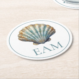 Coastal Blue Scallop Seashell Monogram ラウンドペーパーコースター